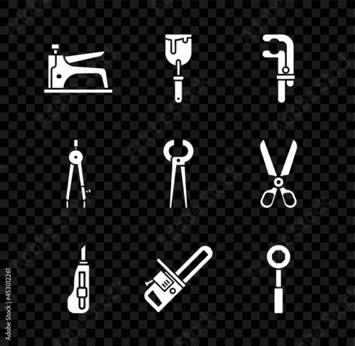Set Construction stapler, Putty knife, Clamp tool, Stationery, Chainsaw, Wrench spanner, Drawing compass and Pincers and pliers icon. Vector
