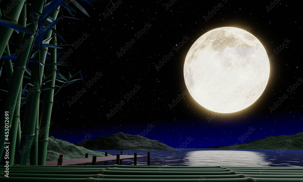 Naklejka premium Full moon night or supermoon reflected on the sea. There is a backdrop of bamboo. The zen style image looks calm, lunar day or the Mid-Autumn Festival. 3D rendering