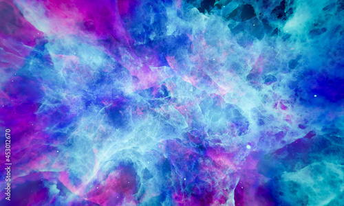 Aerosol clouds, space haze or cosmic rays, pink, pastel blue, space sky with many stars. Travel in the universe. 3D Rendering
