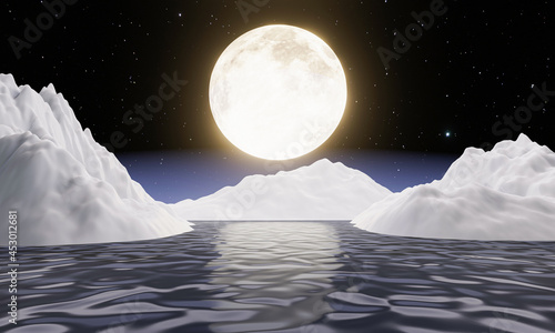golden yellow full moon starry sky Reflecting the sea with white icebergs. The 15th day of the waxing moon or Mid-Autumn Festival clear sky. 3D rendering.