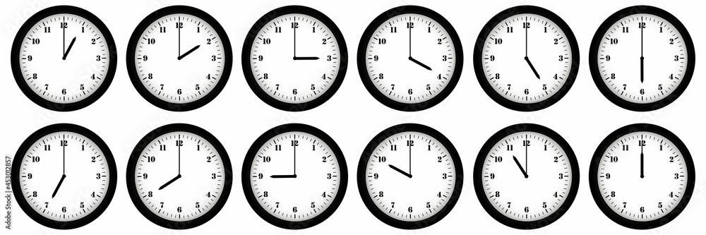 Clock icon set. Watch, time icon vector. Realistic wall clock set. Time icon set. Vector illustration. Stock image. Clock icon set. Watch, time icon vector. Realistic wall clock set. Time icon set. Vector illustration. Stock image.