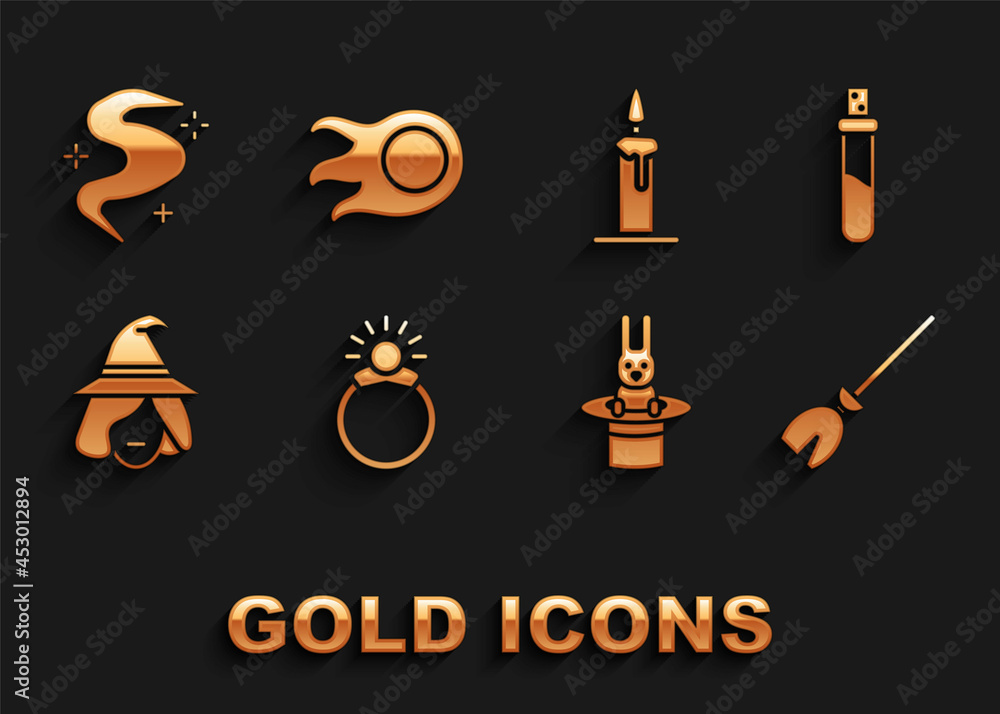 Set Magic stone ring with gem, Bottle love potion, Witches broom, Magician  hat and rabbit, Burning candle candlestick, fog or smoke and Fireball icon.  Vector Stock Vector | Adobe Stock