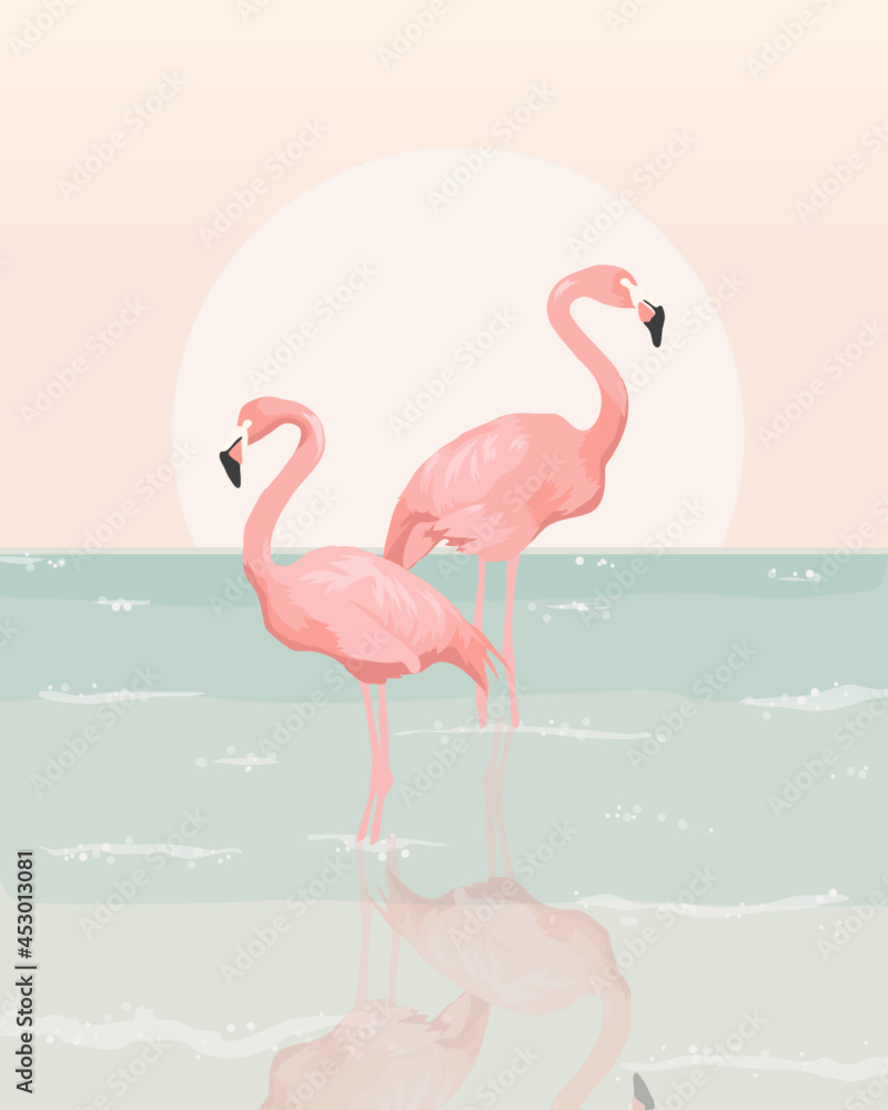 Fototapeta premium Flamingo ocean sunset print digital illustration