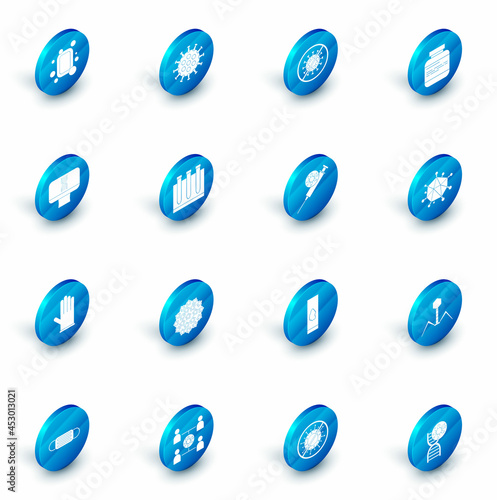 Set Virus, Stop virus, Medicine bottle and pills, DNA spiral computer, Medical rubber gloves, Blood test, and Syringe icon. Vector
