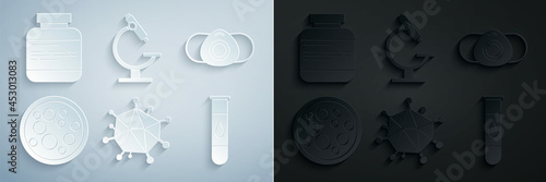 Set Virus, Medical protective mask, Blood test and virus, Microscope and Medicine bottle pills icon. Vector