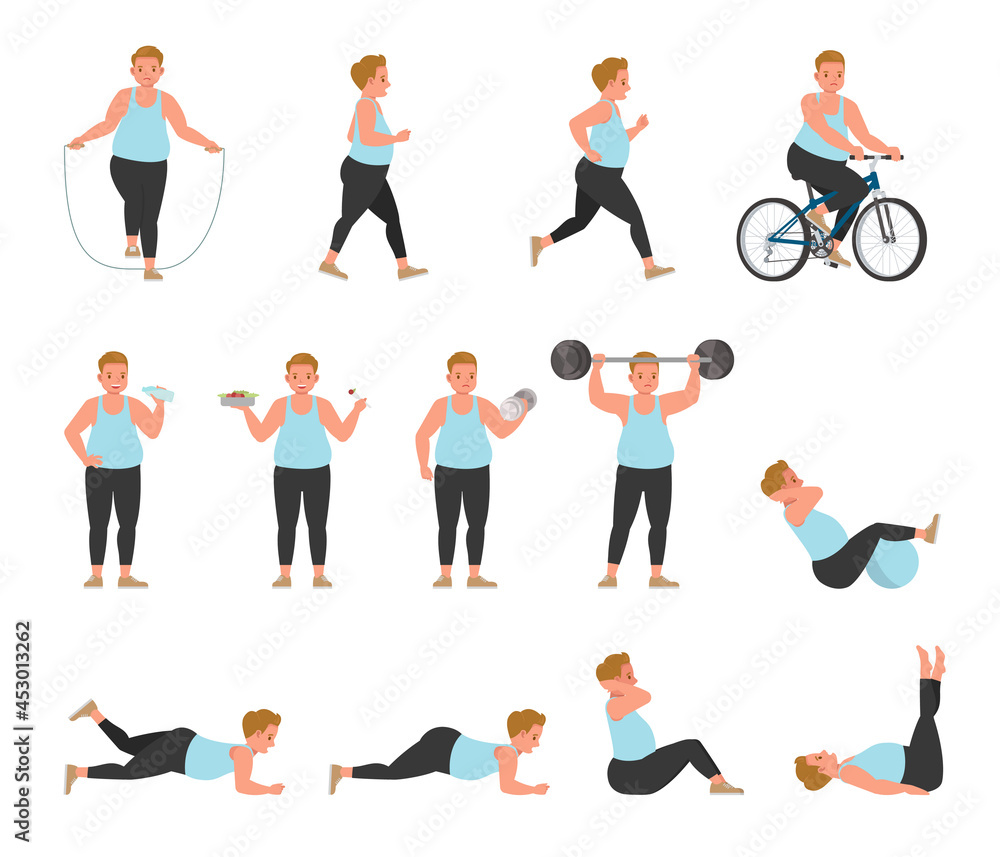 Set of fat man with overweight doing exercises character vector design