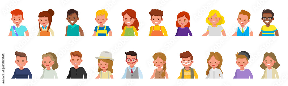 Set of happy kids portrait avatar character vector design. Set of happy kids portrait avatar character vector design.