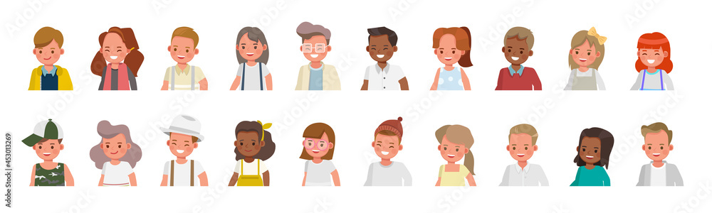 Set of happy kids portrait avatar character vector design. Set of happy kids portrait avatar character vector design.
