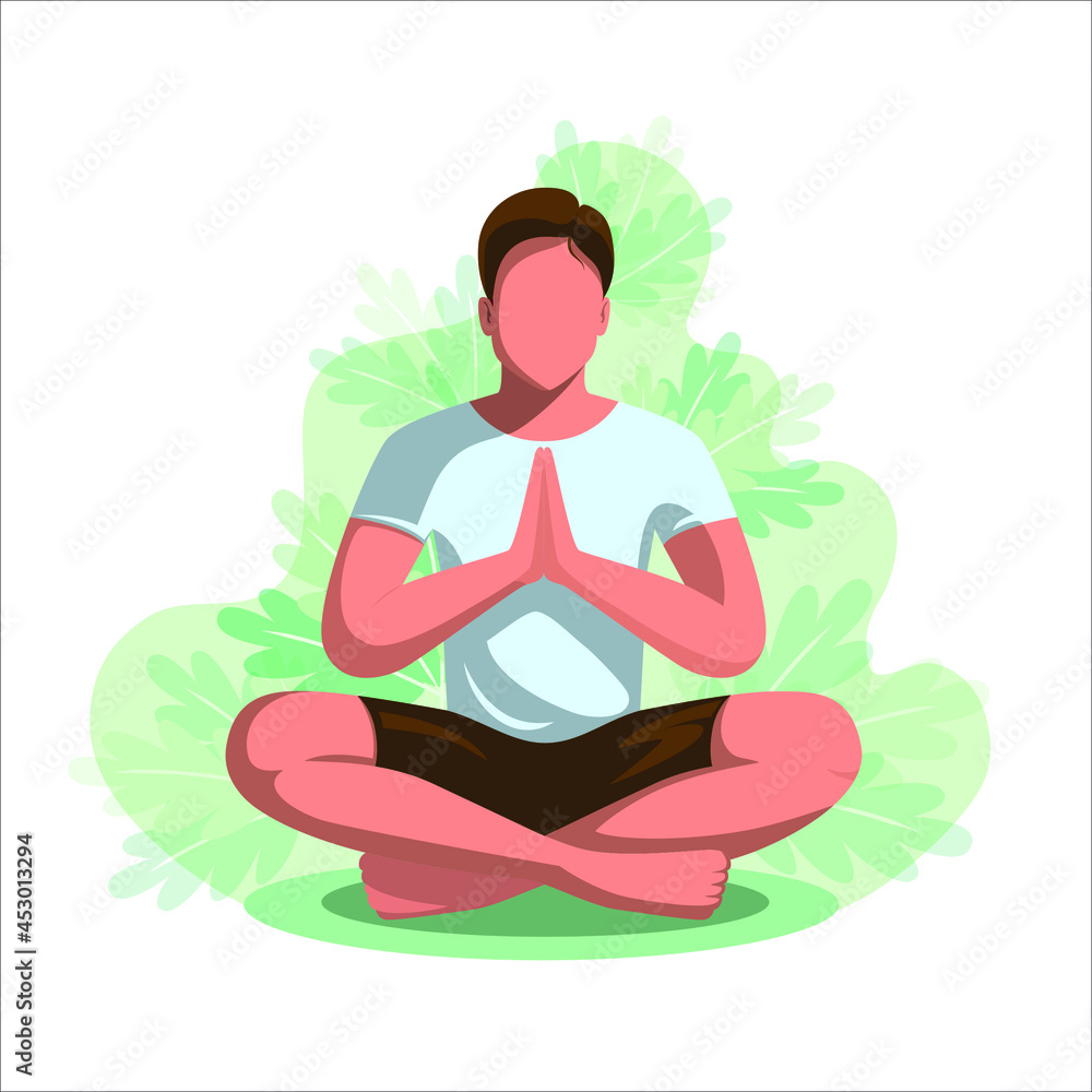  man relaxing his mind meditation or yoga flat design vector art clip art isolated , spiritual success , inner peace , mental health