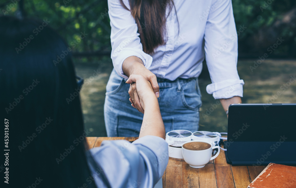 Young female university shaking hands with her friends, rear view. Young female university shaking hands with her friends, rear view.