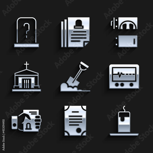 Set Shovel in the ground, Death certificate, Burning candle, Beat dead monitor, hand, Old crypt, Crematorium and Grave with tombstone icon. Vector