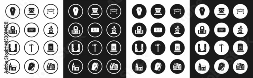 Set Dead body in the morgue, Speech bubble rip death, Grave with tombstone, Coffin cross, and Cemetery digged grave hole icon. Vector