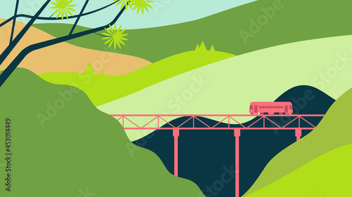 Simple landscape, train on the railway between the mountains