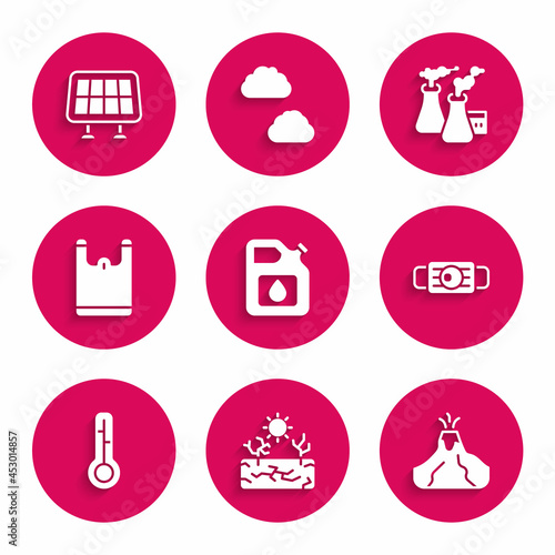 Set Canister for gasoline, Drought, Volcano eruption with lava, Medical protective mask, Meteorology thermometer, Plastic bag, Smoke from factory and Solar energy panel icon. Vector