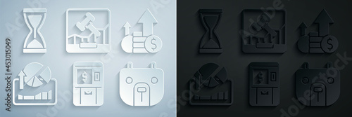 Set ATM and money, Financial growth coin, Stocks market graphs, Bear, Online internet auction and Old hourglass icon. Vector
