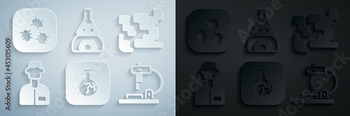 Set Cracked flask, Gaseous, Laboratory assistant, Microscope, Test tube on fire and Bacteria icon. Vector