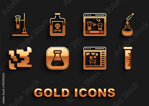 Set Test tube and flask, Chemical online, Gaseous, fire and Poison bottle icon. Vector