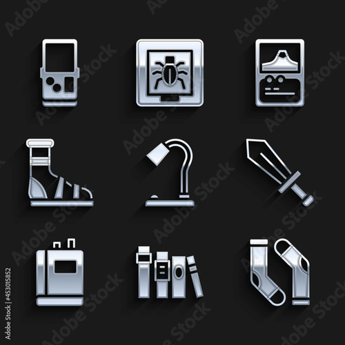 Set Table lamp, Book, Socks, Sword for game, Slippers with socks, Card and Tetris icon. Vector