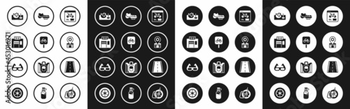 Set Bicycle rental mobile app, parking, repair service, on street ramp, shoes, lane and Sport cycling sunglasses icon. Vector