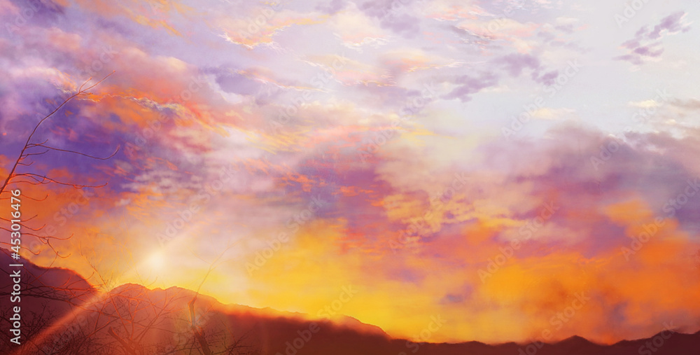 Naklejka premium 夕焼け空と山の風景イラスト