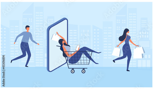 Online shopping concept, people use mobile ordering shopping and holding shopping bags and cart vector illustration. Onlin .shopping , digital payment, delivery technology business concept background