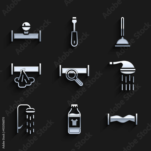 Set Industry metallic pipe, Bottle for cleaning agent, Shower, Broken, Rubber plunger and and manometer icon. Vector