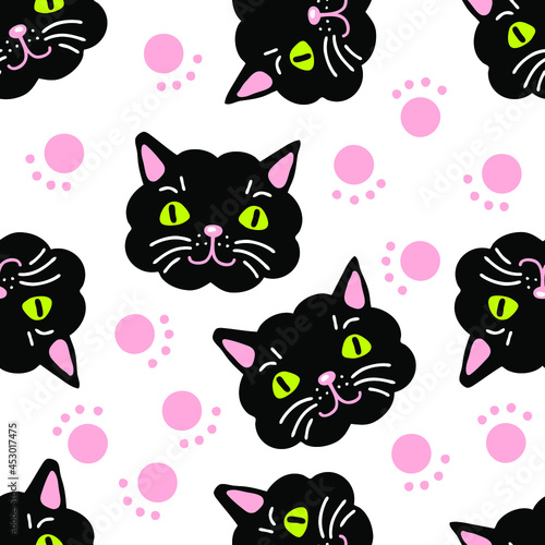 Seamless pattern with cat faces and paws. Perfect for scrapbooking, poster, textile and prints. Hand drawn illustration for decor and design. 