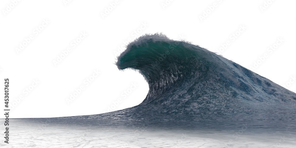 Tsunami wave apocalyptic water view storm. 3D illustration isolated on white background - obrazy, fototapety, plakaty 