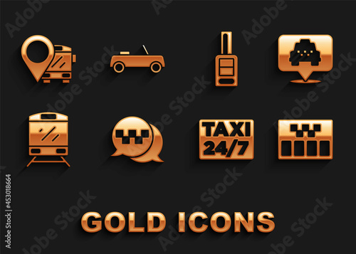 Set Taxi call telephone service, Location with taxi, Taximeter, Train, Car key remote, bus and icon. Vector