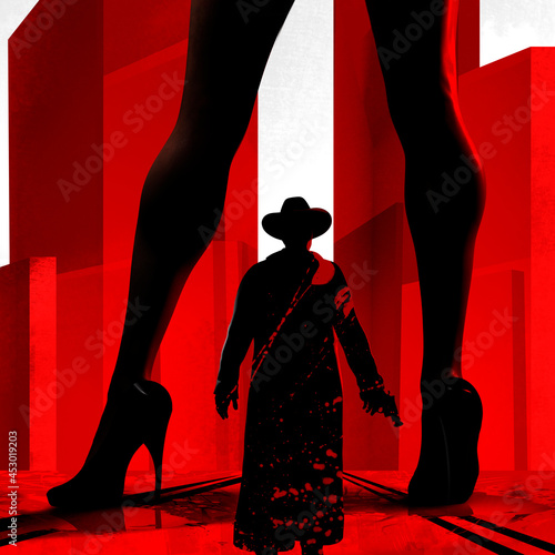 3d render noir illustration of detective silhouette wearing hat, holding gun and shaded sexy lady legs on high heels on styled red and white cityscape.