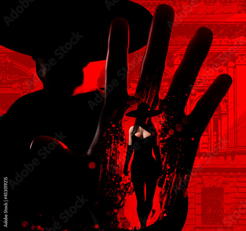 3d render noir illustration of detective showing hand with lady in black dress and hat walking on red and black styled city street background. photo