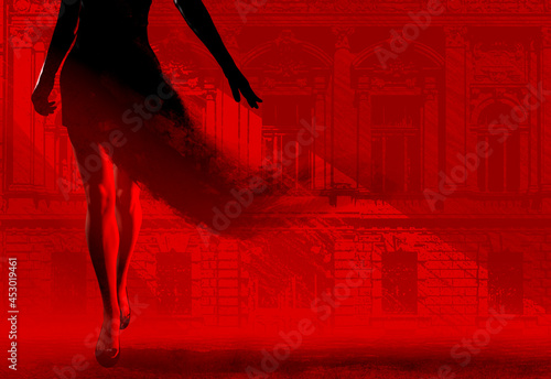 3d render noir illustration of lady in black dissolving dress walking on red and black styled city street background.