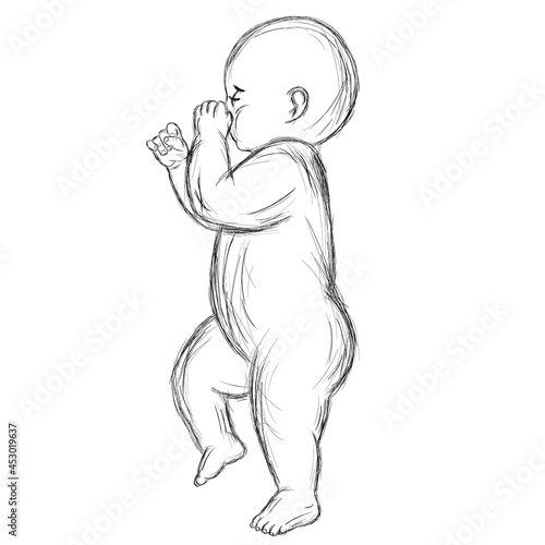 Fototapeta Naklejka Na Ścianę i Meble -  Sketch of cute sleeping baby. Line art. Newborn illustration. Hand drawn vector lying kid isolated on white background