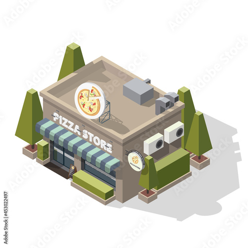 Isometric pizza shop with sign or logo on top in the shape of a large pizza on tray 3D model of a store or cafe and restaurant with green tree and shadow vector illustration