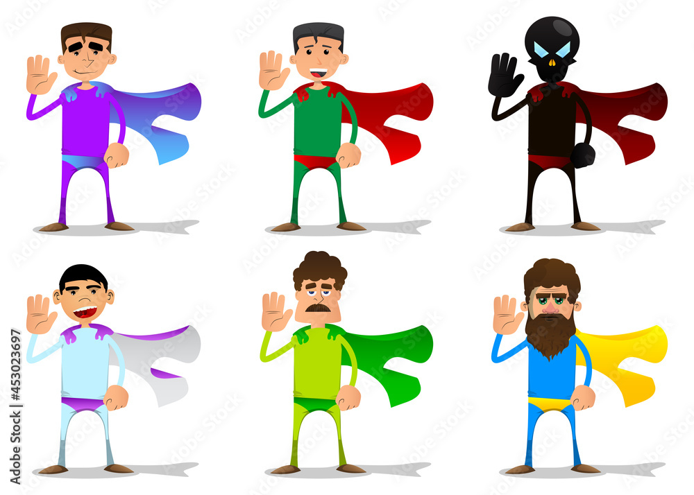 Funny cartoon man dressed as a superhero with waving hand. Vector illustration.
