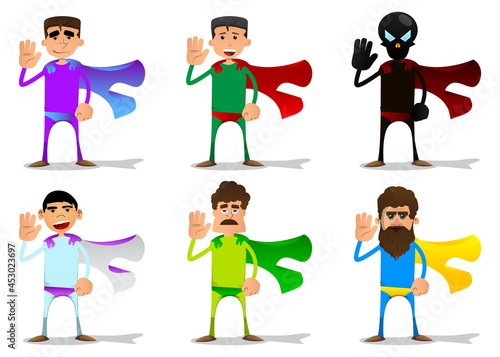 Funny cartoon man dressed as a superhero with waving hand. Vector illustration.