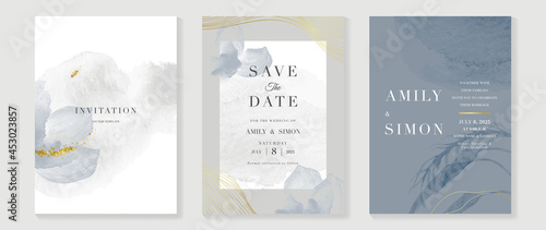 Luxury wedding invitation card background  with golden line art flower and botanical leaves, Organic shapes, Watercolor. Abstract art background vector design for wedding and vip cover template.
