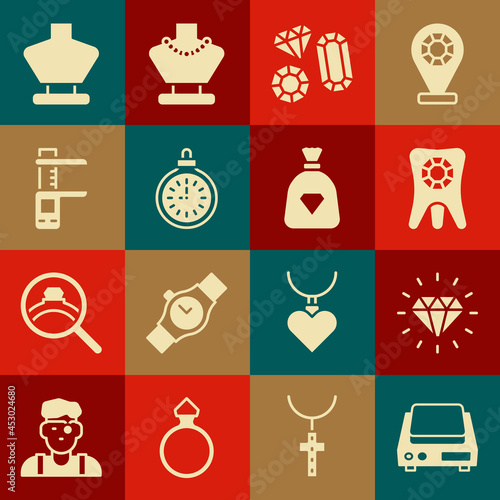 Set Electronic jewelry scales, Diamond, Tooth with diamond, Gem stone, Pocket watch, Calliper or caliper and, Necklace mannequin and Bag gems icon. Vector