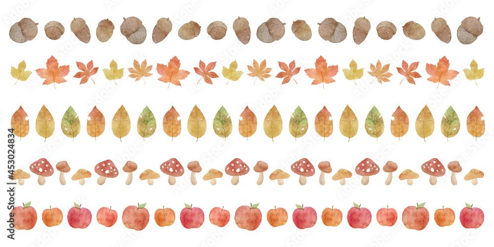 水彩風 紅葉と落ち葉の秋の植物のライン素材 セット ベクターイラスト Vektornyj Obekt Stock Adobe Stock