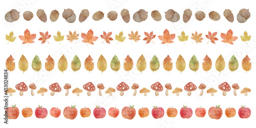 水彩風　紅葉と落ち葉の秋の植物のライン素材　セット　ベクターイラスト