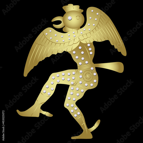 Ancient Greek man actor dancing in rooster costume. Fantastic winged anthropomorphic bird character. Golden glossy silhouette with pearl beads on black background.