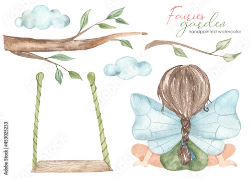 Fotografie Watercolor set with garden fairy, tree branch, swing, clouds