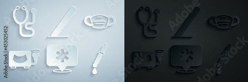 Set Location hospital, Medical protective mask, Ultrasound, Pipette, Surgery scalpel and Stethoscope icon. Vector