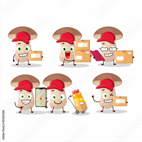 Cartoon character design of brown cap boletus working as a courier