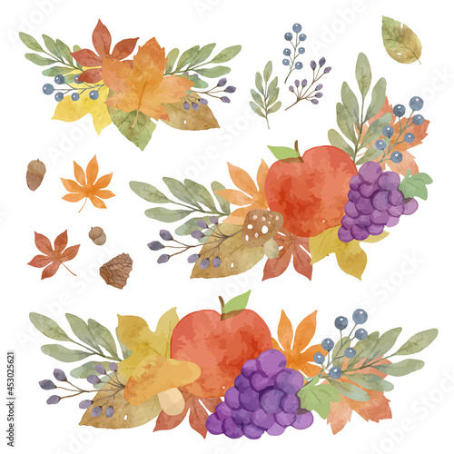 水彩風　紅葉と落ち葉、木の実の秋イラスト素材　セット