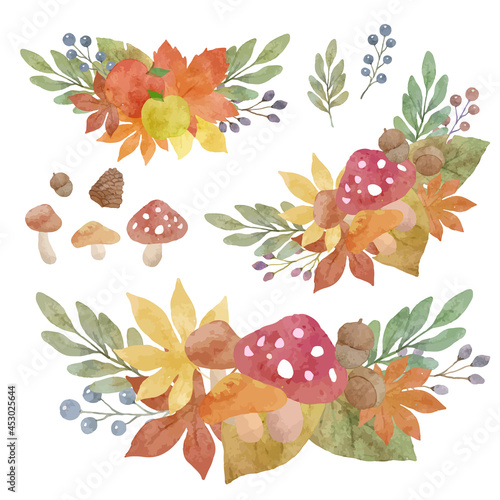 水彩風　紅葉と落ち葉、木の実の秋イラスト素材　セット