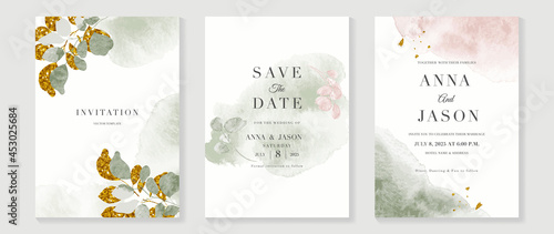 Luxury wedding invitation card background  with golden line art flower and botanical leaves, Organic shapes, Watercolor. Abstract art background vector design for wedding and vip cover template.
