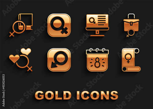 Set Male gender, Work for female, Feminism, Calendar with 8 March, Female, Dating app, Book about women and icon. Vector