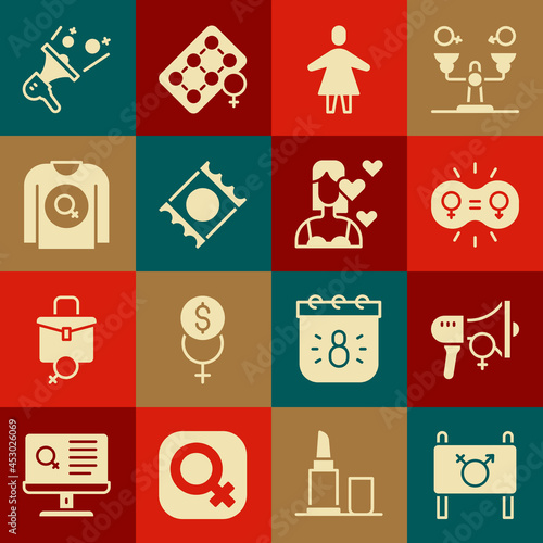 Set Feminist activist, Gender equality, Female, Condom package, shirt, and Love yourself icon. Vector