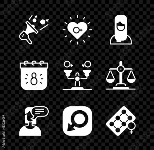 Set Feminist activist, Feminism, Muslim woman hijab, Female opinion, Male gender, Packaging of birth control pills, Calendar with 8 March and Gender equality icon. Vector